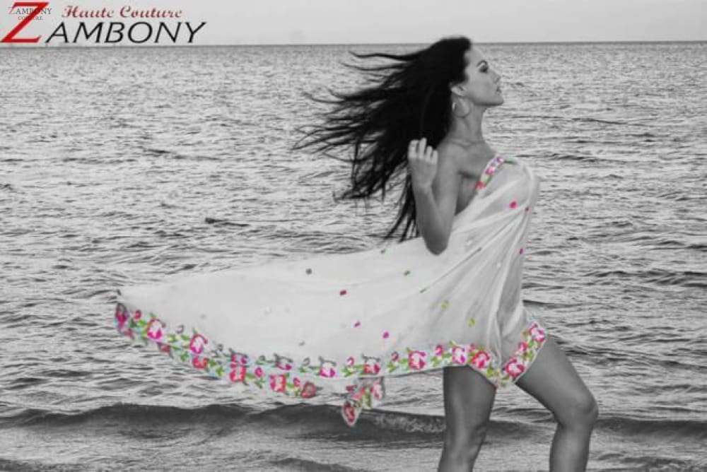 Shawl White Silk Chiffon Handcrafted with Metal Thread - shopzambony