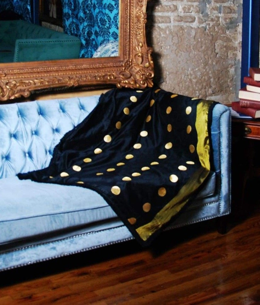 Silk Vintage Throw by Zambony Couture. Ultra chic  art piece for your home, black & gold hand woven fabric  & a delicate black fringe. Made in America