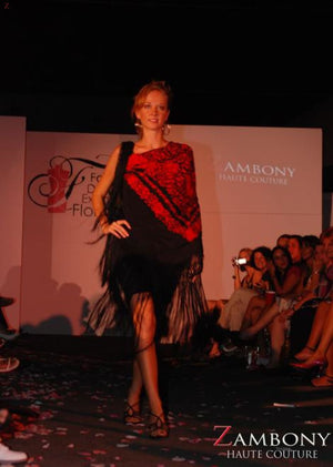 Shawl Red and Black Embossed Silk Flamingo - shopzambony