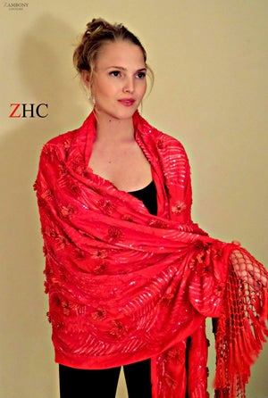 Shawl Red Silk Raffia - shopzambony