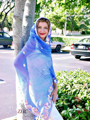 Shawl Silk Blue Chiffon Handcrafted in Pastel Metal Thread - shopzambony