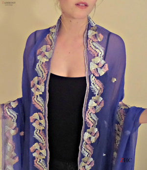 Shawl Silk Blue Chiffon Handcrafted in Pastel Metal Thread - shopzambony