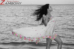 Shawl White Silk Chiffon Handcrafted with Metal Thread - shopzambony