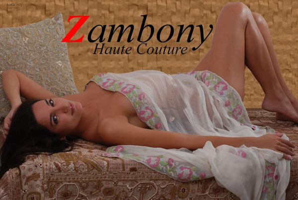 Shawl White Silk Chiffon Handcrafted with Metal Thread - shopzambony